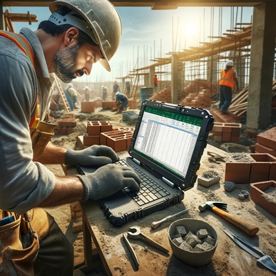 Muratore o Impresario edile che lavora con Excel nel cantiere