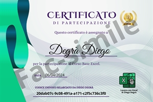 Facsimile del certificato di partecipazione del corso base Lavora con Excel 2024